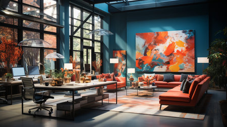 Interior design Modern Creative office foyer, Corporate open workspace, Coworking office room, AI Generativeの素材