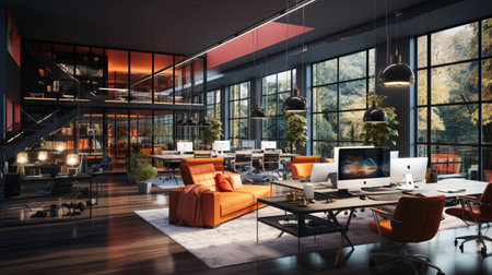 Interior design Modern Creative office foyer, Corporate open workspace, Coworking office room, AI Generativeの素材