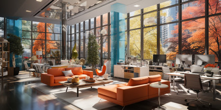 Interior design Modern Creative office foyer, Corporate open workspace, Coworking office room, AI Generativeの素材