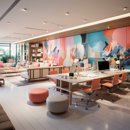 Interior design Modern Creative office foyer, Corporate open workspace, Coworking office room, AI Generativeの素材