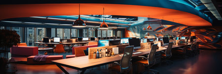 Interior design Modern Creative office foyer, Corporate open workspace, Coworking office room, AI Generativeの素材