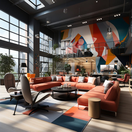 Interior design Modern Creative office foyer, Corporate open workspace, Coworking office room, AI Generativeの素材