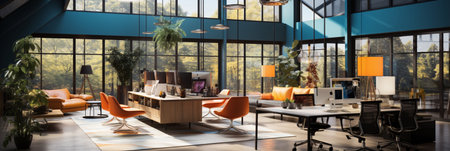 Interior design Modern Creative office foyer, Corporate open workspace, Coworking office room, AI Generativeの素材