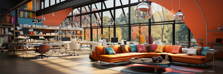 Interior design Modern Creative office foyer, Corporate open workspace, Coworking office room, AI Generativeの素材