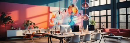 Interior design Modern Creative office foyer, Corporate open workspace, Coworking office room, AI Generativeの素材