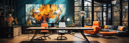 Interior design Modern Creative office foyer, Corporate open workspace, Coworking office room, AI Generativeの素材