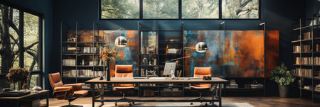 Interior design Modern Creative office foyer, Corporate open workspace, Coworking office room, AI Generativeの素材