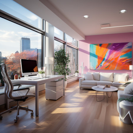 Interior design Modern Creative office foyer, Corporate open workspace, Coworking office room, AI Generativeの素材