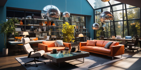 Interior design Modern Creative office foyer, Corporate open workspace, Coworking office room, AI Generativeの素材