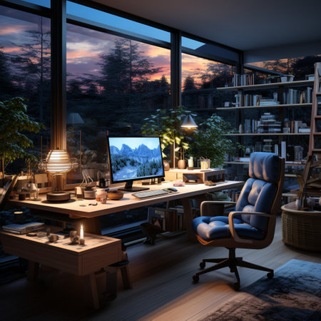 Interior design modern home office, Comfortable workplace, desk with computer monitor, stylish study room, beautiful home studio, AI Generativeの素材