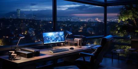 Interior design modern home office, Comfortable workplace, desk with computer monitor, stylish study room, beautiful home studio, AI Generativeの素材