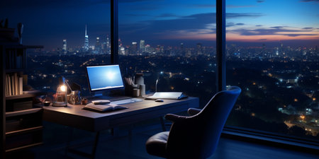 Interior design modern home office, Comfortable workplace, desk with computer monitor, stylish study room, beautiful home studio, AI Generativeの素材