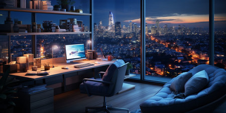 Interior design modern home office, Comfortable workplace, desk with computer monitor, stylish study room, beautiful home studio, AI Generativeの素材