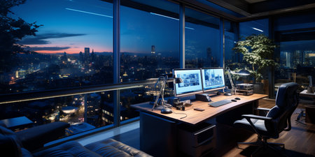 Interior design modern home office, Comfortable workplace, desk with computer monitor, stylish study room, beautiful home studio, AI Generativeの素材