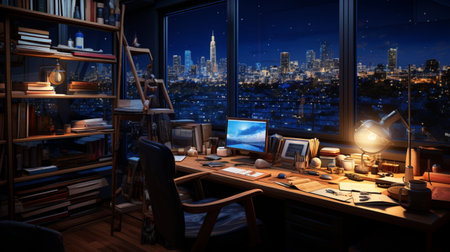 Interior design modern home office, Comfortable workplace, desk with computer monitor, stylish study room, beautiful home studio, AI Generativeの素材
