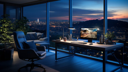 Interior design modern home office, Comfortable workplace, desk with computer monitor, stylish study room, beautiful home studio, AI Generativeの素材