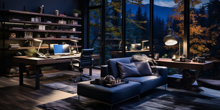 Interior design modern home office, Comfortable workplace, desk with computer monitor, stylish study room, beautiful home studio, AI Generativeの素材