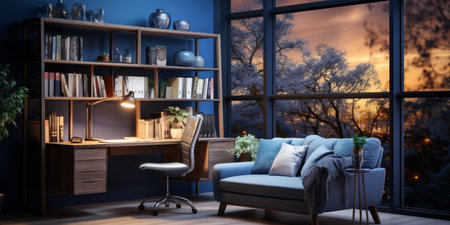 Interior design modern home office, Comfortable workplace, desk with computer monitor, stylish study room, beautiful home studio, AI Generativeの素材