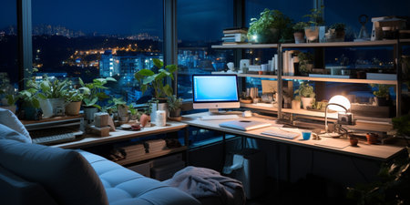 Interior design modern home office, Comfortable workplace, desk with computer monitor, stylish study room, beautiful home studio, AI Generativeの素材