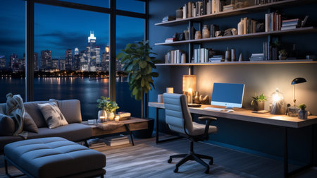Interior design modern home office, Comfortable workplace, desk with computer monitor, stylish study room, beautiful home studio, AI Generativeの素材
