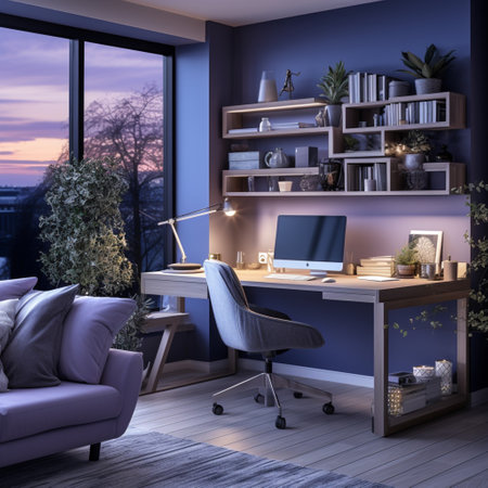 Interior design modern home office, Comfortable workplace, desk with computer monitor, stylish study room, beautiful home studio, AI Generativeの素材