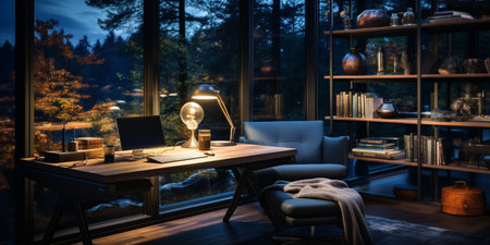 Interior design modern home office, Comfortable workplace, desk with computer monitor, stylish study room, beautiful home studio, AI Generativeの素材