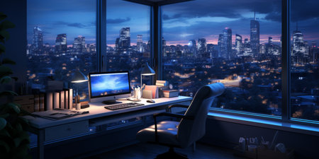 Interior design modern home office, Comfortable workplace, desk with computer monitor, stylish study room, beautiful home studio, AI Generativeの素材