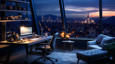 Interior design modern home office, Comfortable workplace, desk with computer monitor, stylish study room, beautiful home studio, AI Generativeの素材