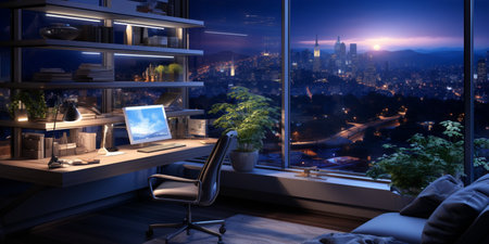 Interior design modern home office, Comfortable workplace, desk with computer monitor, stylish study room, beautiful home studio, AI Generativeの素材