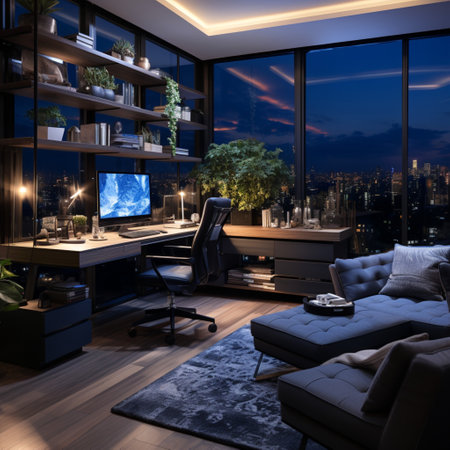 Interior design modern home office, Comfortable workplace, desk with computer monitor, stylish study room, beautiful home studio, AI Generativeの素材