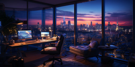Interior design modern home office, Comfortable workplace, desk with computer monitor, stylish study room, beautiful home studio, AI Generativeの素材
