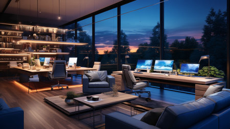 Interior design modern home office, Comfortable workplace, desk with computer monitor, stylish study room, beautiful home studio, AI Generativeの素材