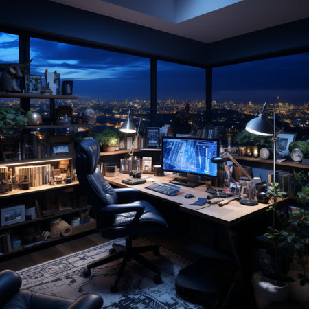 Interior design modern home office, Comfortable workplace, desk with computer monitor, stylish study room, beautiful home studio, AI Generativeの素材