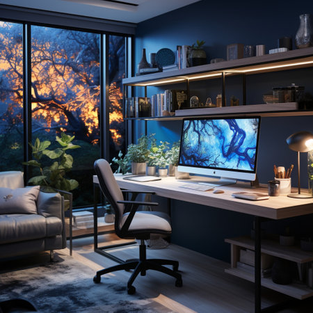 Interior design modern home office, Comfortable workplace, desk with computer monitor, stylish study room, beautiful home studio, AI Generativeの素材