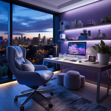 Interior design modern home office, Comfortable workplace, desk with computer monitor, stylish study room, beautiful home studio, AI Generativeの素材