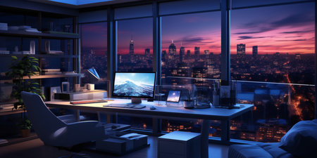 Interior design modern home office, Comfortable workplace, desk with computer monitor, stylish study room, beautiful home studio, AI Generativeの素材