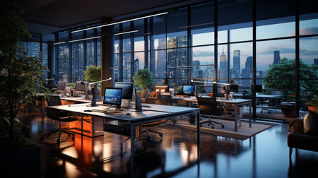 Interior design Modern Creative office foyer, Corporate open workspace, Coworking office room, AI Generativeの素材