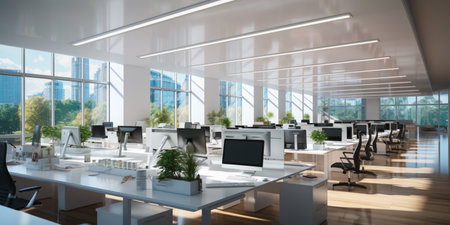 Interior design Modern Creative office foyer, Corporate open workspace, Coworking office room, AI Generativeの素材