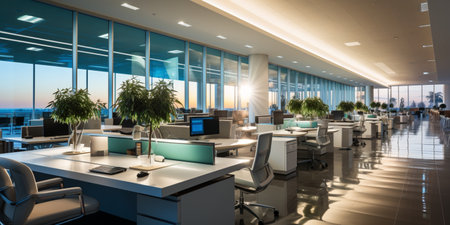 Interior design Modern Creative office foyer, Corporate open workspace, Coworking office room, AI Generativeの素材