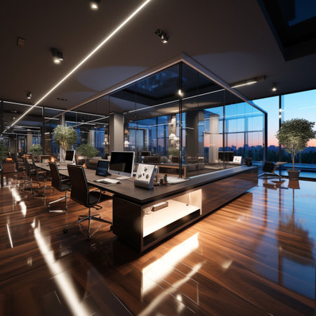Interior design Modern Creative office foyer, Corporate open workspace, Coworking office room, AI Generativeの素材
