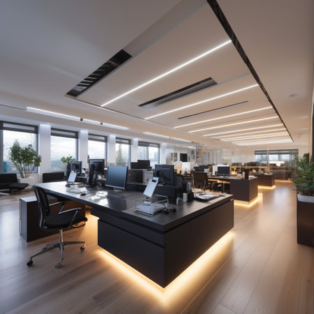 Interior design Modern Creative office foyer, Corporate open workspace, Coworking office room, AI Generativeの素材