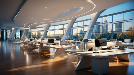 Interior design Modern Creative office foyer, Corporate open workspace, Coworking office room, AI Generativeの素材