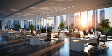 Interior design Modern Creative office foyer, Corporate open workspace, Coworking office room, AI Generativeの素材