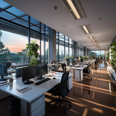 Interior design Modern Creative office foyer, Corporate open workspace, Coworking office room, AI Generativeの素材