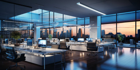 Interior design Modern Creative office foyer, Corporate open workspace, Coworking office room, AI Generativeの素材