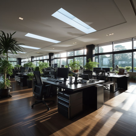 Interior design Modern Creative office foyer, Corporate open workspace, Coworking office room, AI Generativeの素材