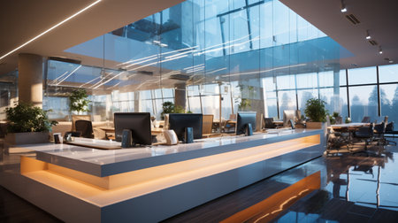 Interior design Modern Creative office foyer, Corporate open workspace, Coworking office room, AI Generativeの素材