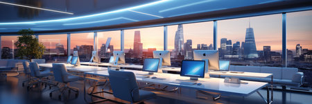 Interior design Modern Creative office foyer, Corporate open workspace, Coworking office room, AI Generativeの素材