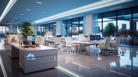 Interior design Modern Creative office foyer, Corporate open workspace, Coworking office room, AI Generativeの素材