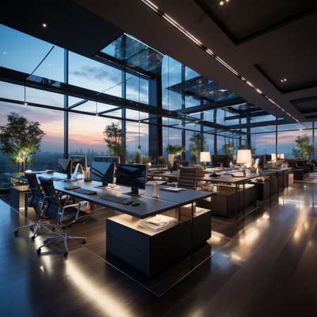 Interior design Modern Creative office foyer, Corporate open workspace, Coworking office room, AI Generativeの素材